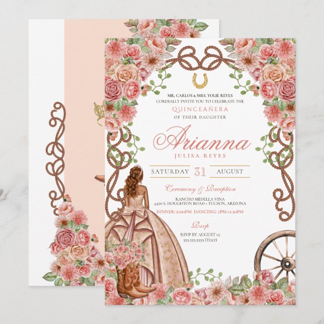 Rose Gold Flora Country Western Charro Quinceañera Invitation (Front/Back)