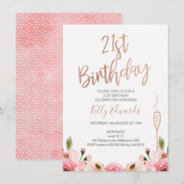 Rose Gold Floral 21st birthday invitation (Front/Back)