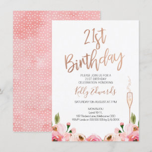 Rose Gold Floral 21st birthday invitation