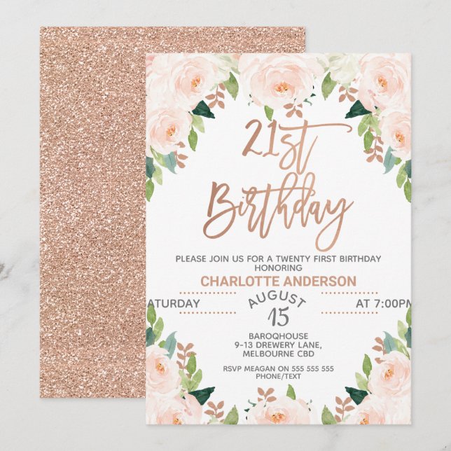 Rose Gold Floral 21st Birthday Invitation (Front/Back)