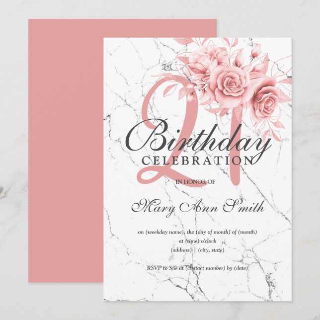 Rose Gold Floral 21st Birthday Party Marble  Invitation (Front/Back)
