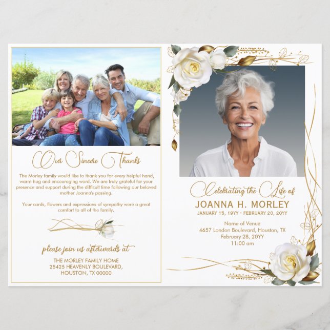 Rose & Gold Floral 2 Photo Funeral Program (Front)