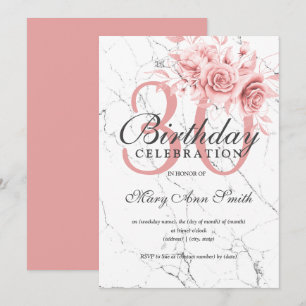 Rose Gold Floral 30th Birthday Party Marble Invitation