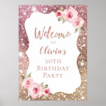 Rose gold floral 30th birthday welcome sign<br><div class="desc">Faux rose gold sparkle glitter background and blush pink floral,  elegant and stylish,  great welcome sign for 30th birthday party.</div>