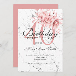 Rose Gold Floral 40th Birthday Party Marble Invitation