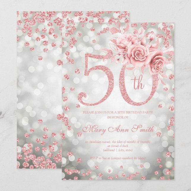 Rose Gold Floral 50th Birthday Glam Lights Silver  Invitation (Front/Back)