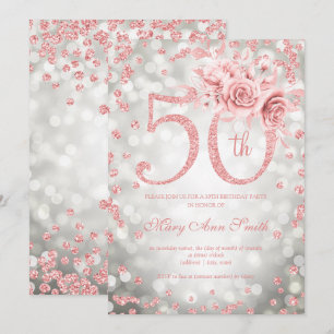 Rose Gold Floral 50th Birthday Glam Lights Silver Invitation