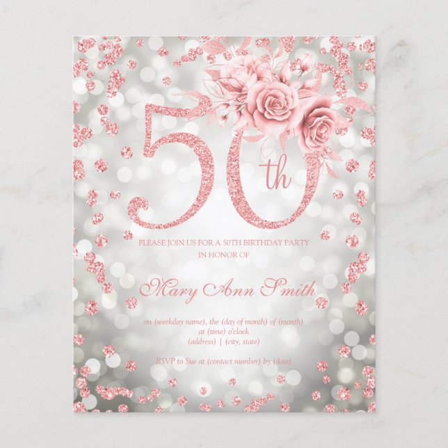 Rose Gold Floral 50th Birthday Lights Invite Silve Flyer (Front)