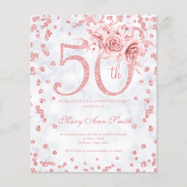 Rose Gold Floral 50th Birthday Marble Invite  Flyer (Front)