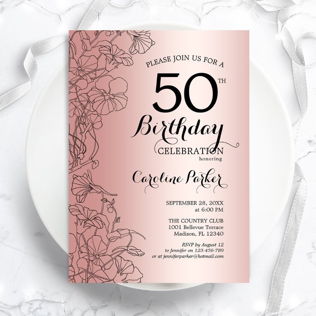 Rose Gold Floral 50th Birthday Party Invitation (Creator Uploaded)