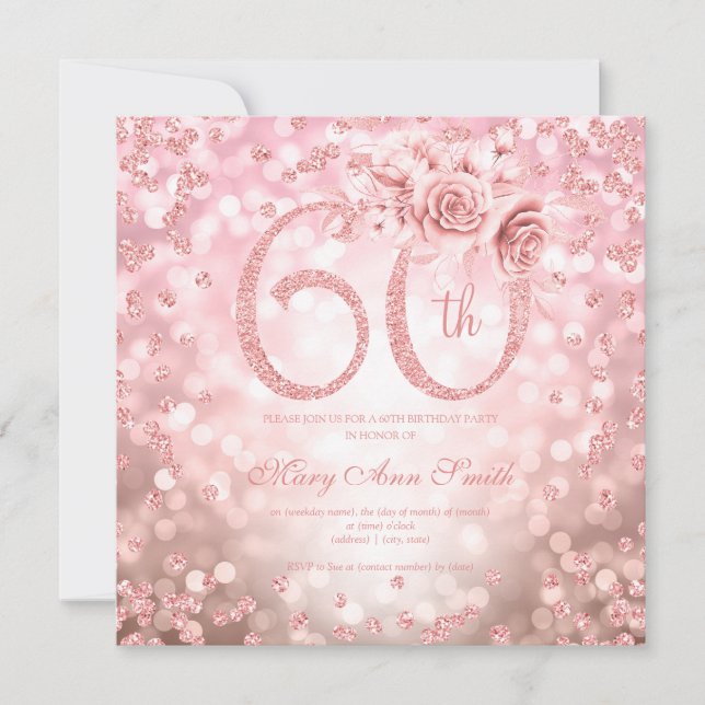 Rose Gold Floral 60th Birthday Glam Lights (Front)