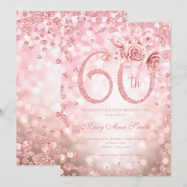 Rose Gold Floral 60th Birthday Glam Lights   Invitation (Front/Back)