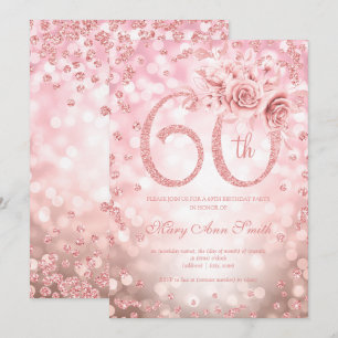 Rose Gold Floral 60th Birthday Glam Lights   Invitation