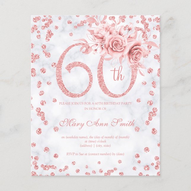 Rose Gold Floral 60th Birthday Marble Invitation  Flyer (Front)