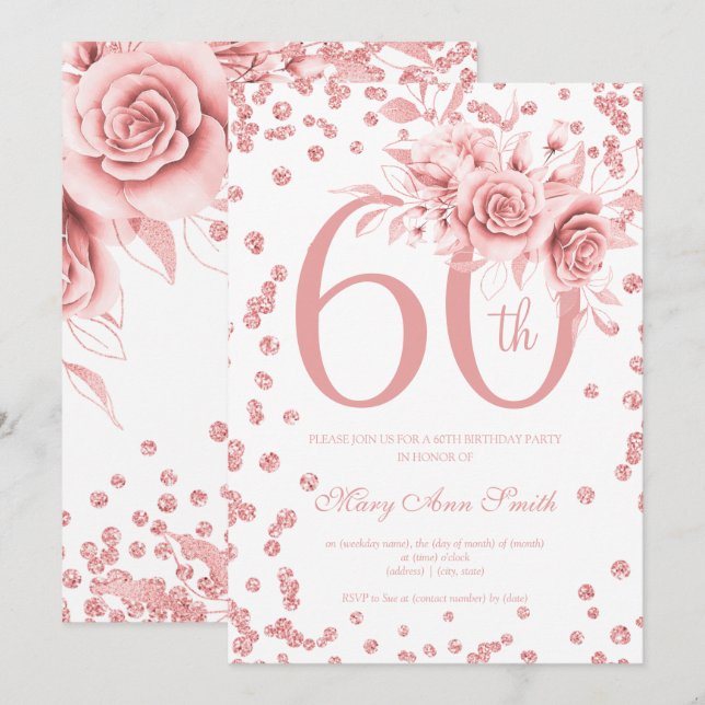 Rose Gold Floral 60th Birthday Party Invitation (Front/Back)
