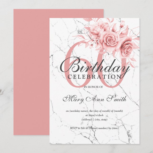 Rose Gold Floral 60th Birthday Party Marble Invitation (Front/Back)