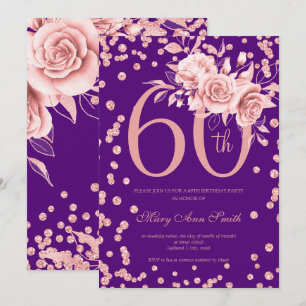 Rose Gold Floral 60th Birthday Party Purple Invitation