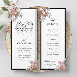 Rose Gold Floral 60th Birthday Program Menu  Invitation