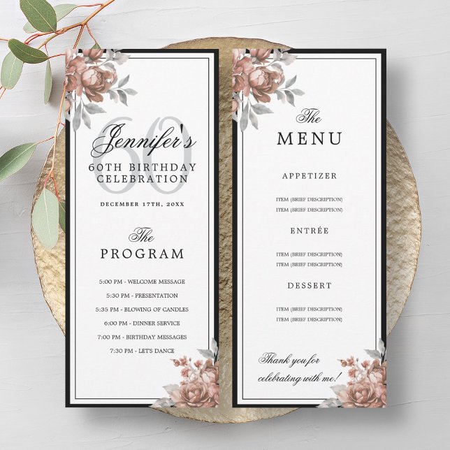 Rose Gold Floral 60th Birthday Program Menu  Invitation (Rose Gold Floral 60th Birthday Program Menu )