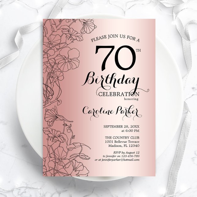 Rose Gold Floral 70th Birthday Party Invitation (Creator Uploaded)