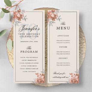 Rose Gold Floral 70th Birthday Program Menu Cream Invitation