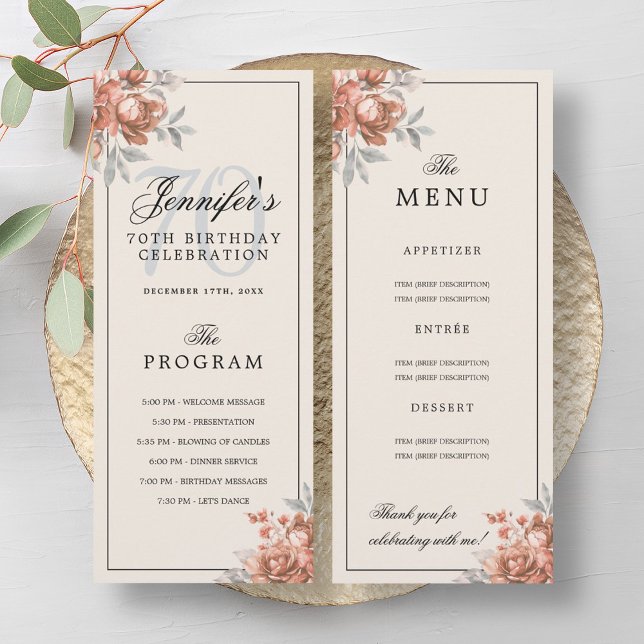 Rose Gold Floral 70th Birthday Program Menu Cream  Invitation (Rose Gold Floral 70th Birthday Program Menu Cream )