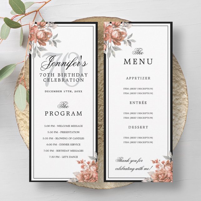 Rose Gold Floral 70th Birthday Program Menu  Invitation (Rose Gold Floral 70th Birthday Program Menu )