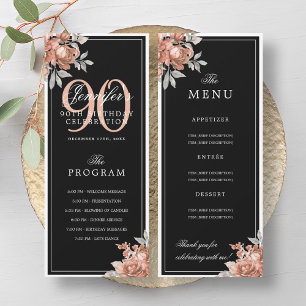 Rose Gold Floral 90th Birthday Program Menu Black Invitation