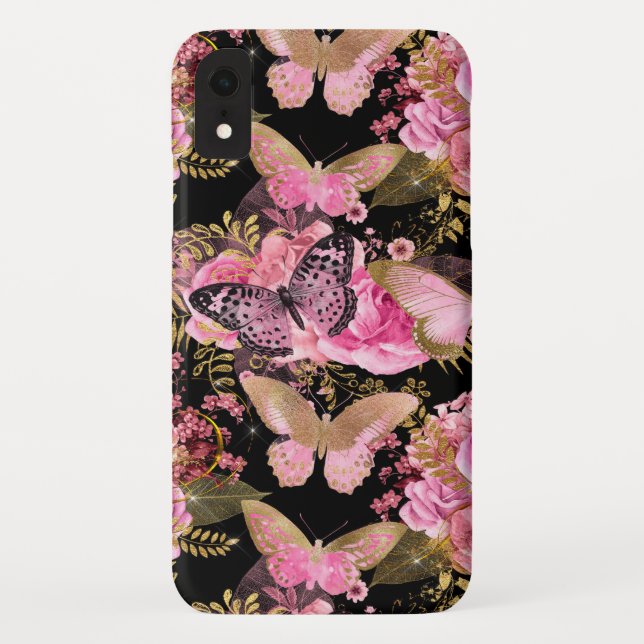 Rose Gold Floral and Butterfly Girly Pattern Case-Mate iPhone Case (Back)