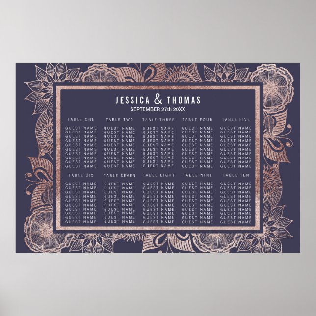 Rose Gold Floral and Navy Blue Seating Chart (Front)