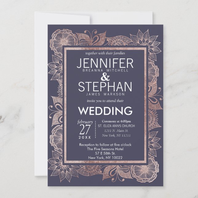 Rose Gold Floral and Navy Blue Wedding Invitations (Front)
