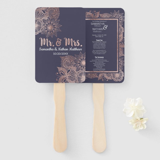Rose Gold Floral and Navy Blue Wedding Programs Hand Fan (Front and Back)