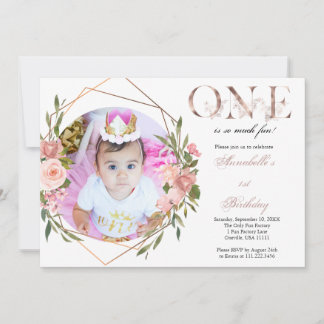 Rose Gold Floral Baby Girl 1st Birthday Invitation