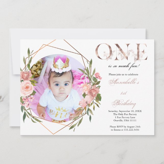 Rose Gold Floral Baby Girl 1st Birthday Invitation (Front)