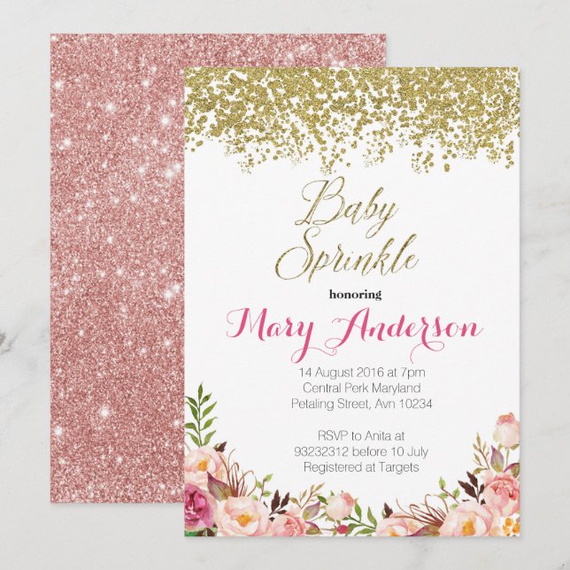 Rose Gold Floral Baby Sprinkle Invitations (Front/Back)