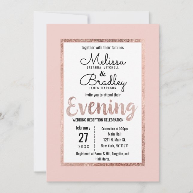 Rose Gold Floral Blush Pink Brush Script Evening Invitation (Front)