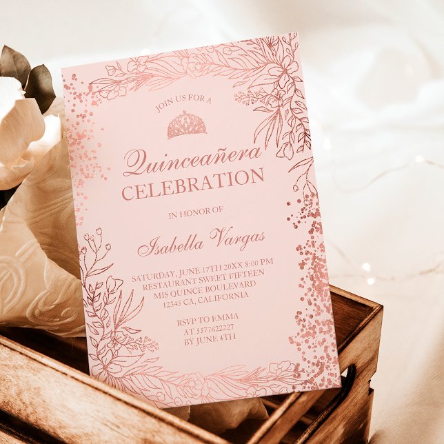 Rose gold floral blush Tiara chic Quinceañera Invitation (Rose gold floral blush Tiara chic Quinceañera Invitation)