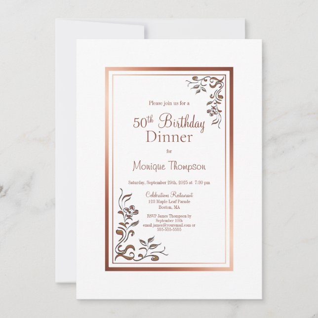 Rose Gold Floral Border 50th Birthday Dinner Party Invitation (Front)