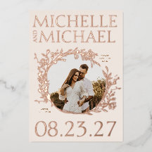 Rose Gold Floral Border Photo Save The Date Card