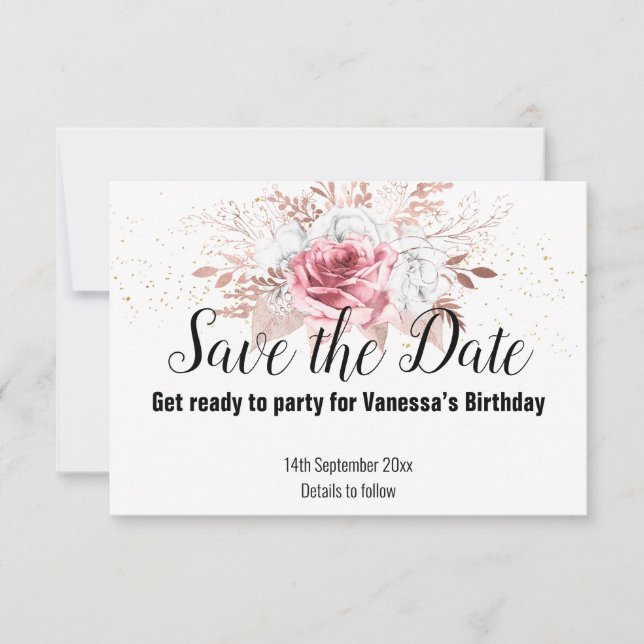 ROSE GOLD FLORAL BOUQUET GOLD SAVE THE DATE RSVP CARD (Front)