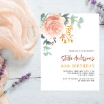 Rose gold floral budget birthday invitation<br><div class="desc">A chic white background. Decorated with a large rose gold and blush pink floral,  rose flower and green watercolored eucalyptus leaves,  sprigs,  greenery and a faux gold sprig. Personalise and add your name and party details.  
Back: sage green background colour. 

1 sheet = 1 invitation printed edge to edge.</div>