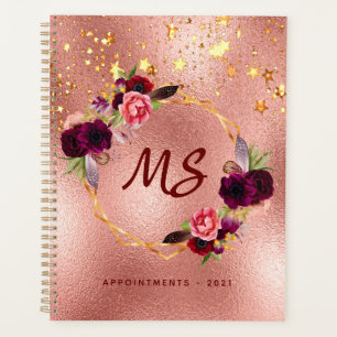 Rose gold floral burgundy stars monogram planner