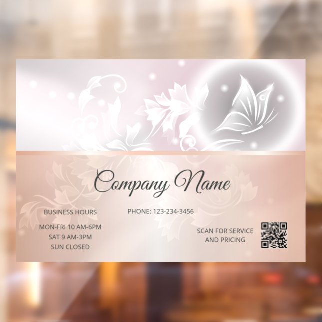 Rose Gold Floral Butterfly | Opening Hours QR Code Window Cling (Sheet 2)