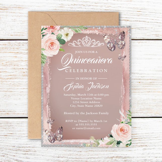 Rose Gold Floral Butterfly Sparkle Quinceanera Invitation (Creator Uploaded)