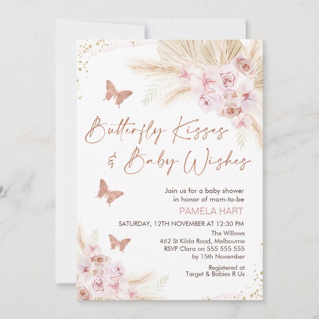 Rose Gold Floral Butterly Kisses Baby Shower Invitation (Front)