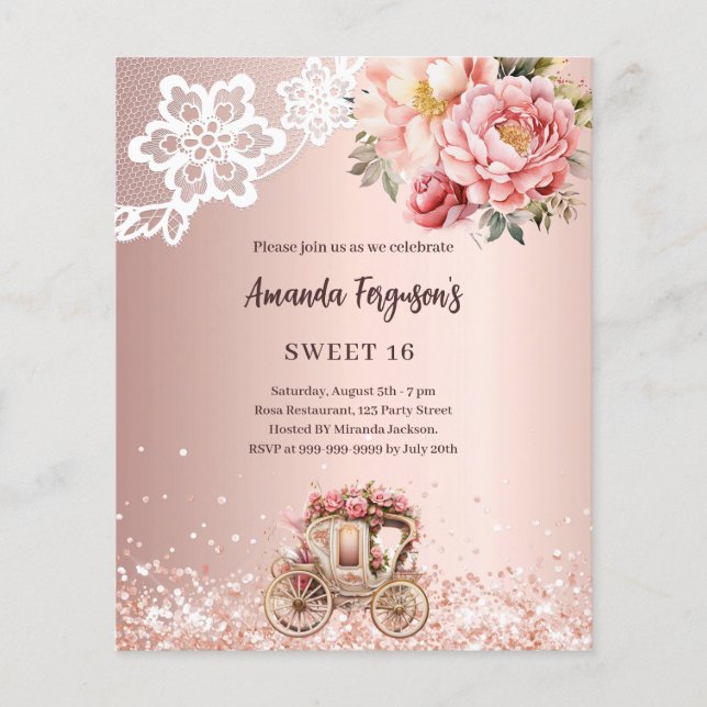 Rose gold floral carriage Sweet 16 invitation (Front)