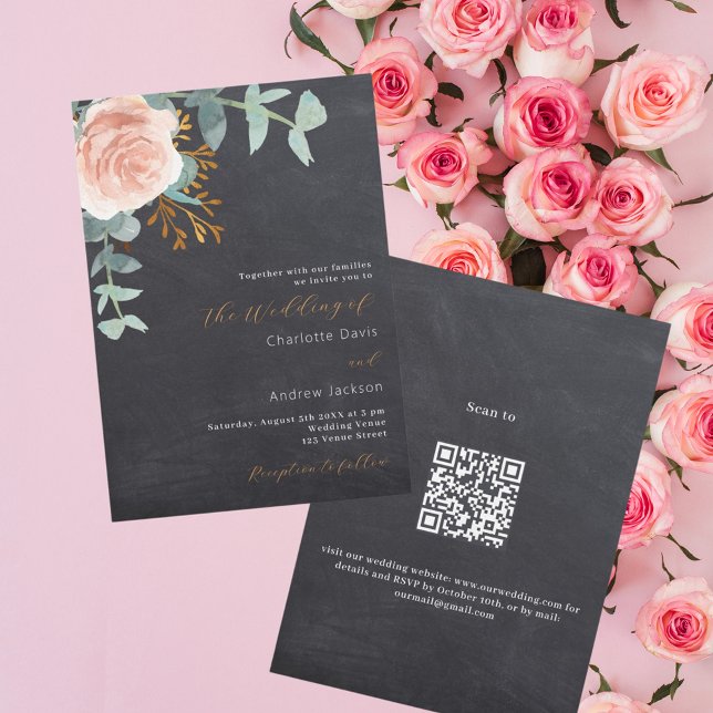 Rose gold floral chalkboard QR luxury wedding Invitation (Creator Uploaded)