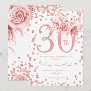 Rose Gold Floral & Confetti 30th Birthday Party Invitation