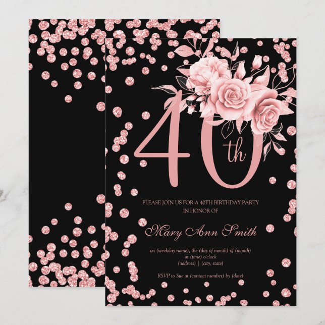 Rose Gold Floral & Confetti 40th Birthday Black  Invitation (Front/Back)
