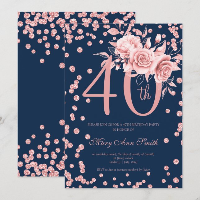 Rose Gold Floral & Confetti 40th Birthday Navy  Invitation (Front/Back)